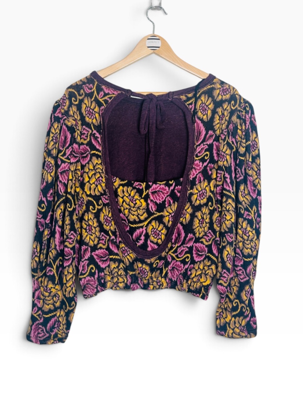 Free People Purple No Ordinary Top Floral Jacquard Cropped Cut Out Back Sweater - Picture 4 of 10
